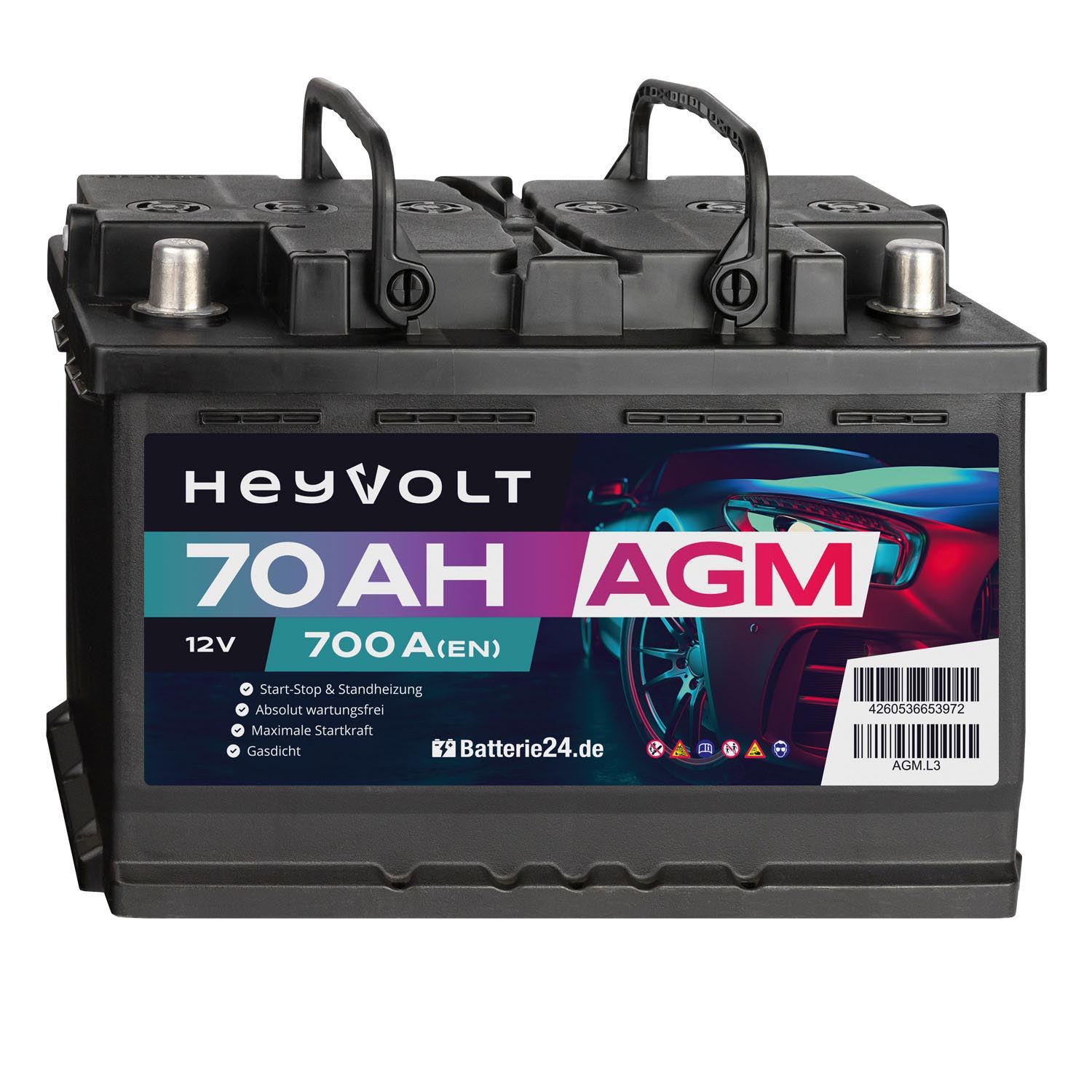 HeyVolt AGM Autobatterie 12V 70Ah
