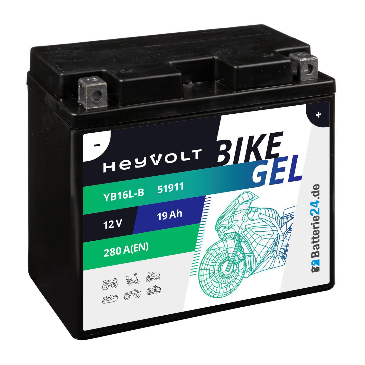 HeyVolt BIKE GEL Motorradbatterie YB16L-B 12V 19Ah