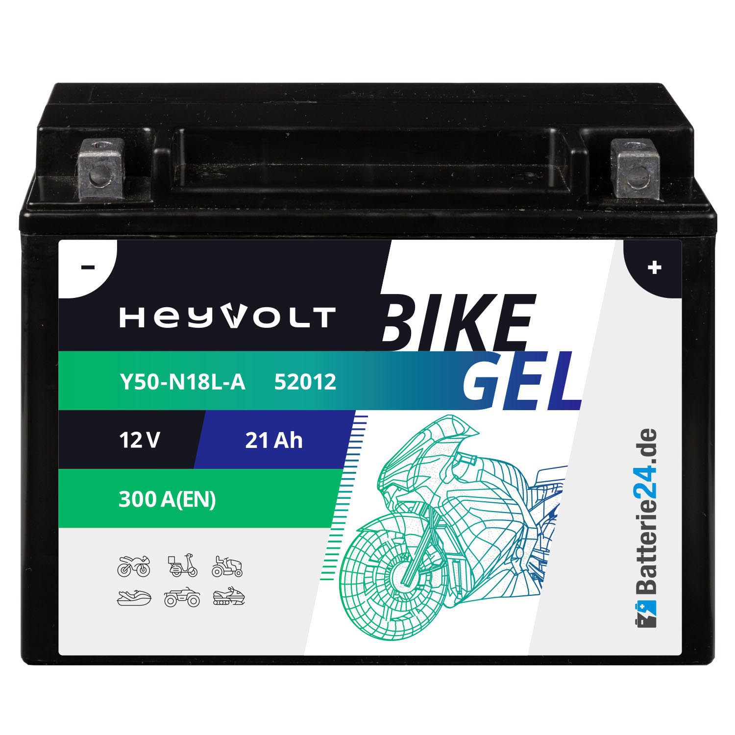 HeyVolt BIKE GEL Motorradbatterie Y50-N18L-A 52012 12V 21Ah