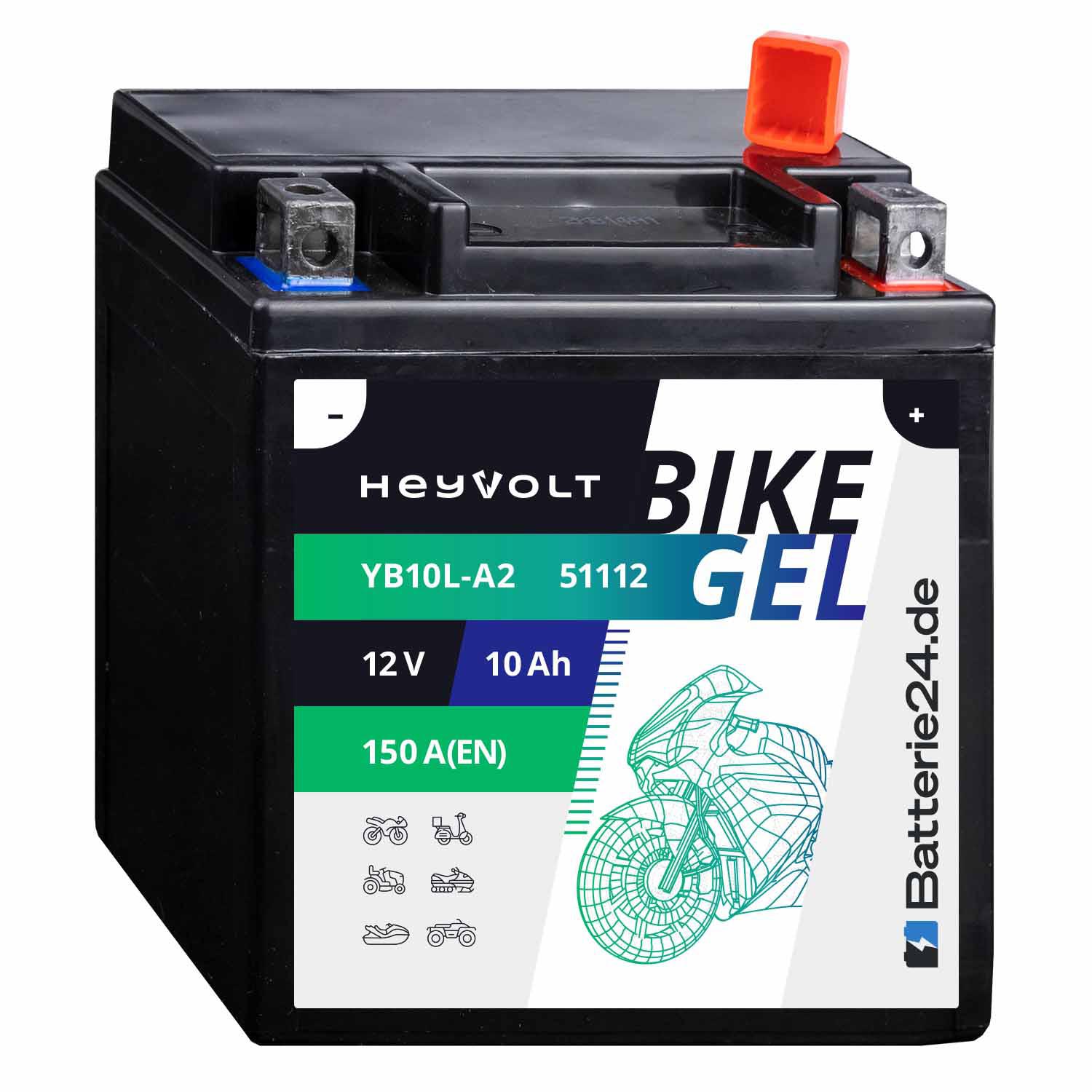 HeyVolt BIKE GEL Motorradbatterie YB10L-A2 51112 12V 10Ah