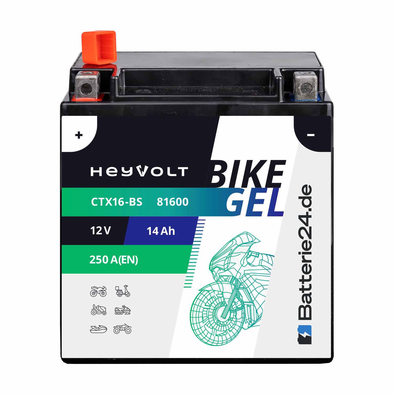 HeyVolt BIKE GEL Motorradbatterie YTX16-BS 81600 12V 14Ah