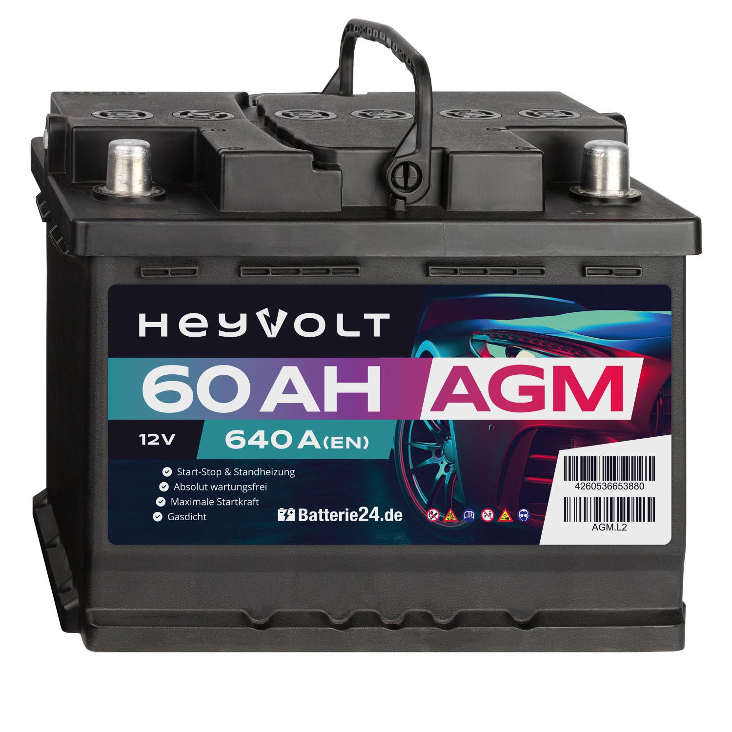 HeyVolt AGM Autobatterie 12V 60Ah