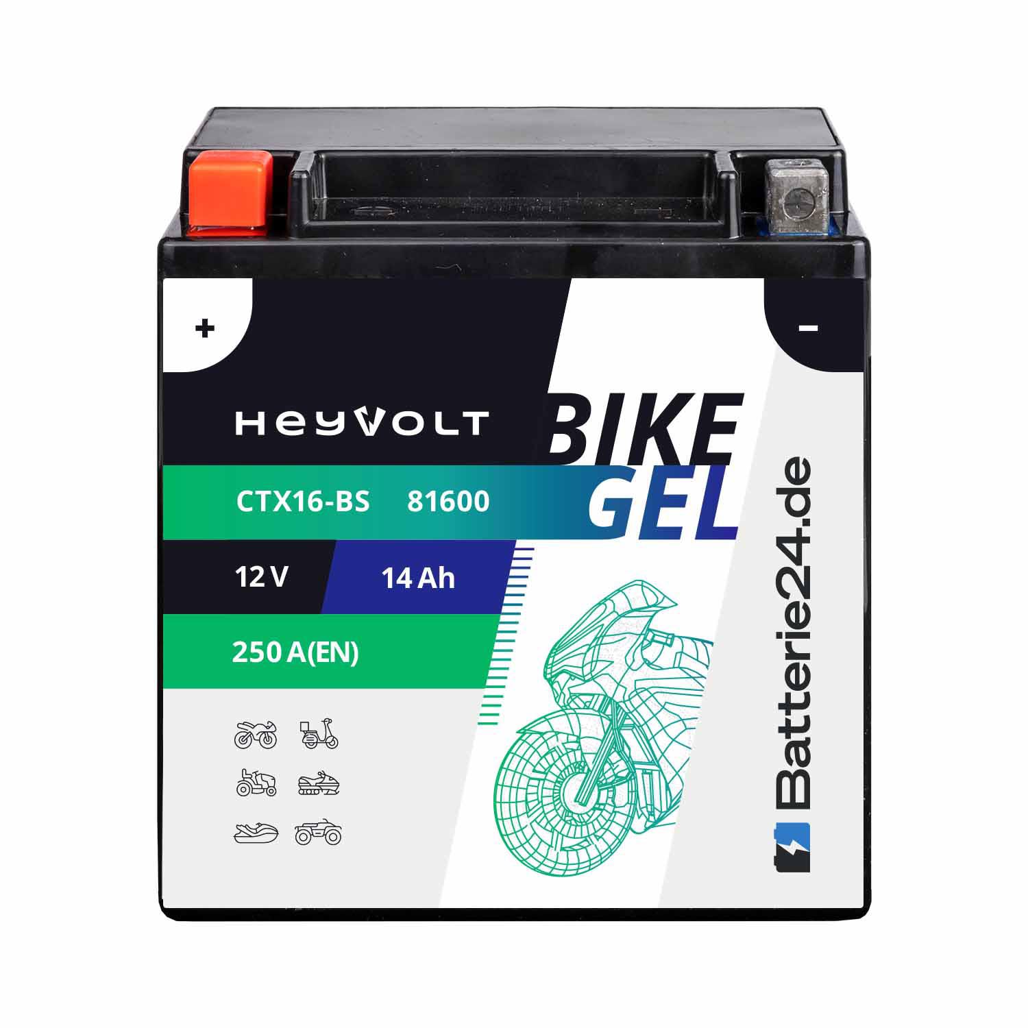 HeyVolt BIKE GEL Motorradbatterie YTX16-BS 81600 12V 14Ah