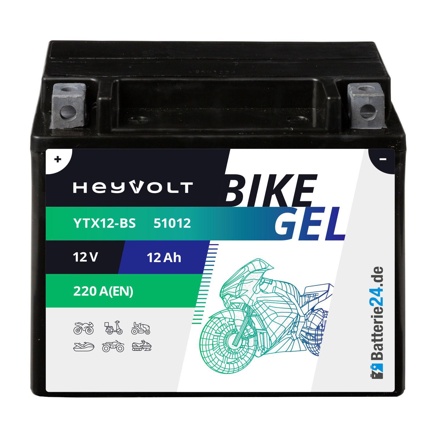 HeyVolt BIKE GEL Motorradbatterie YTX12-BS 51012 12V 12Ah