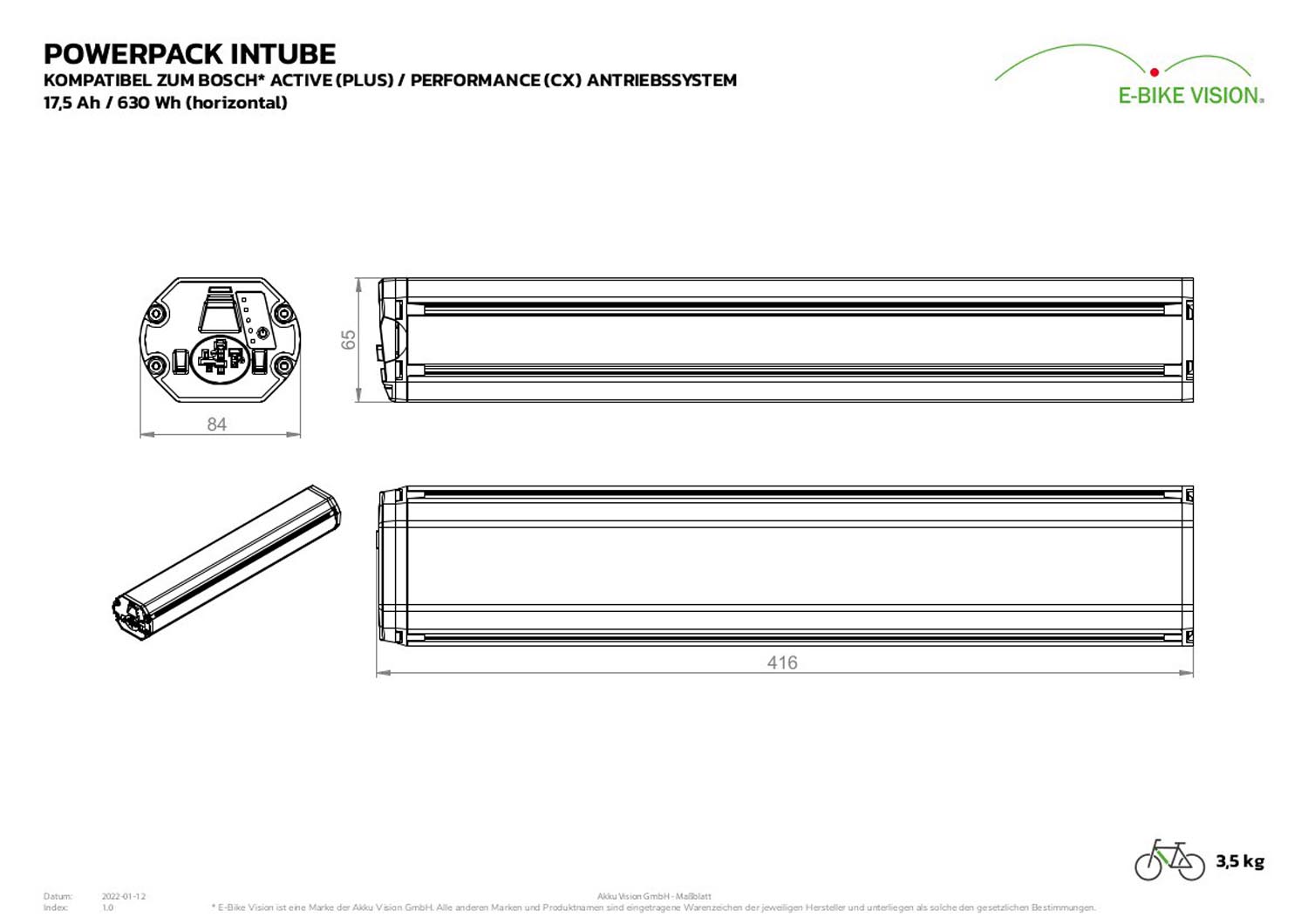 Akku Vision Intube horizontal Active-Plus Performance-CX Line E-Bike Akku Alternative zu Bosch 18Ah