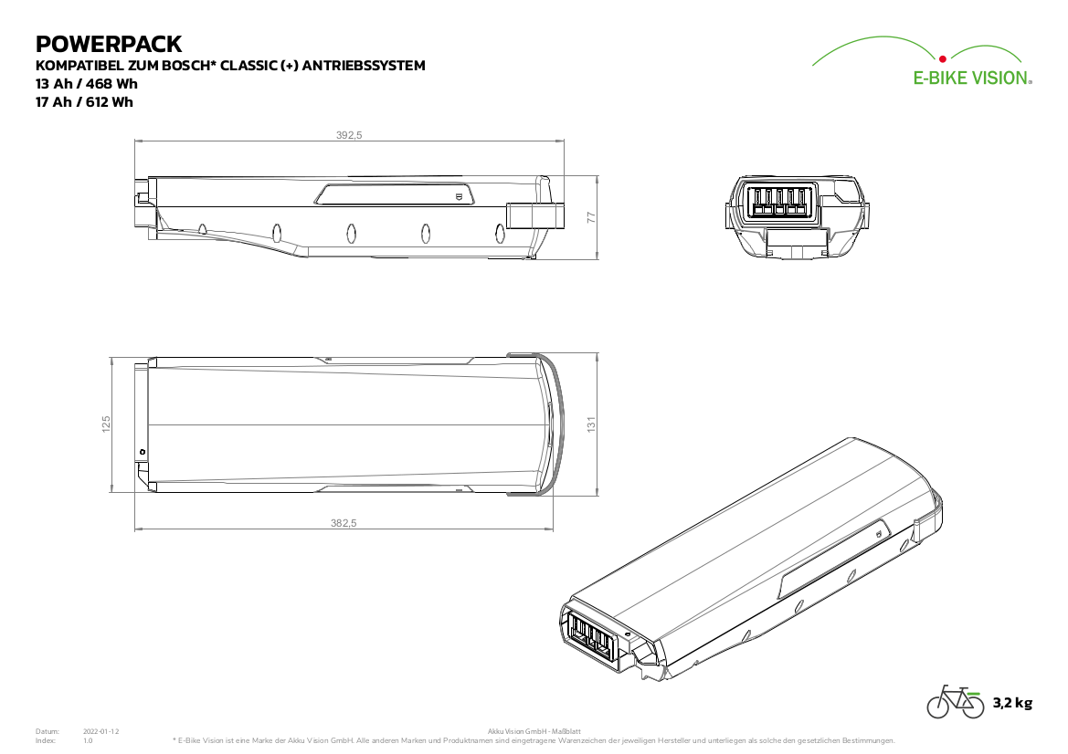 Akku Vision E-Bike Battery kompatibel zu Bosch Classic Line 36 V Gepäckträger