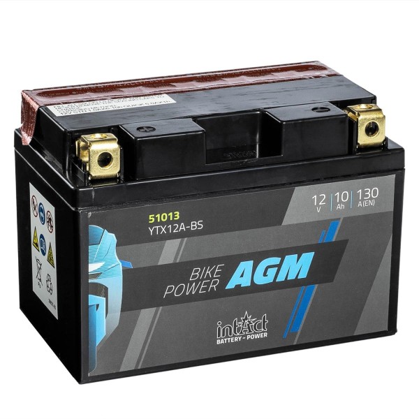 intAct Bike-Power Motorradbatterie AGM YTX12A-BS 12V 10Ah 51013