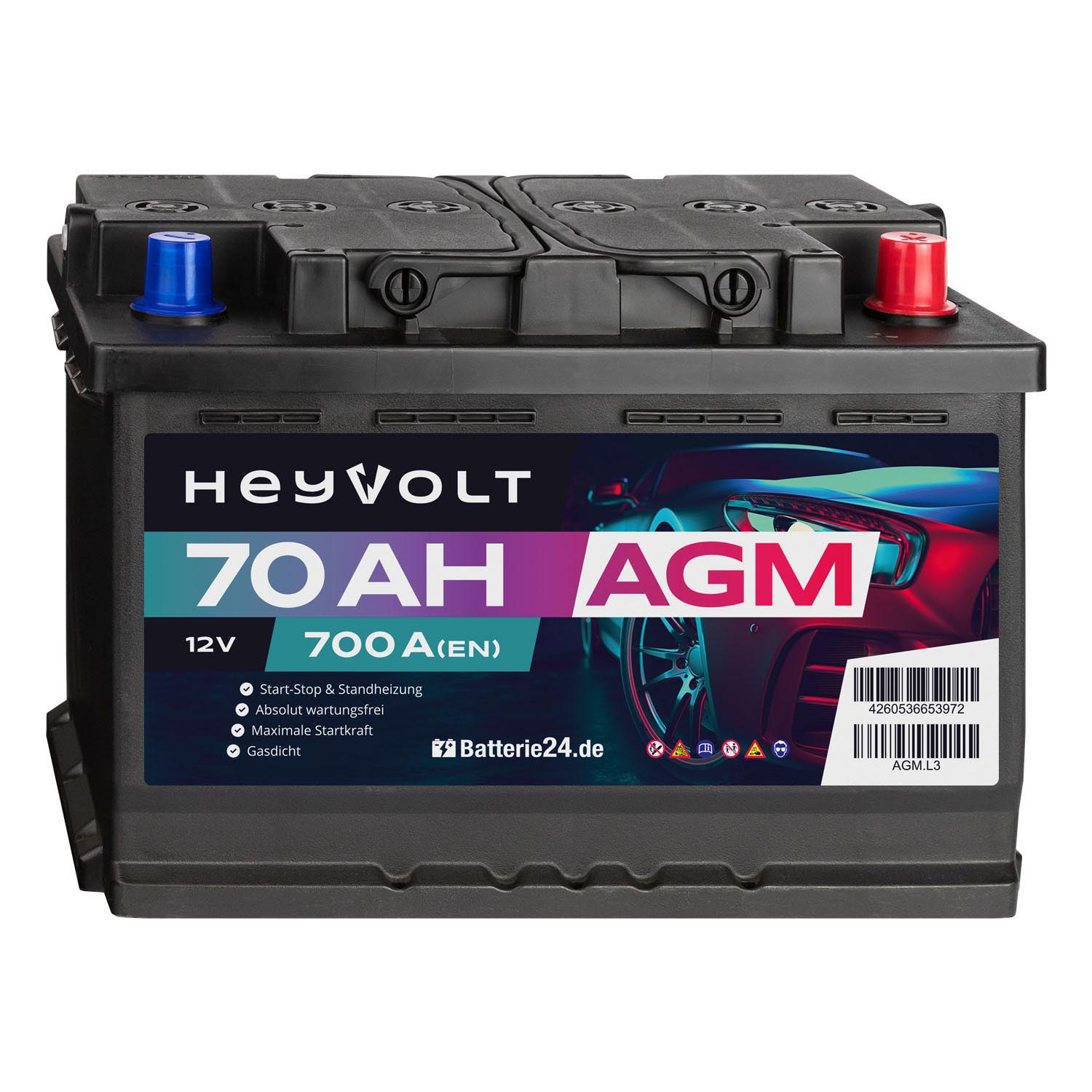 HeyVolt Asia Autobatterie 12V 70Ah 630A/EN Starterbatterie