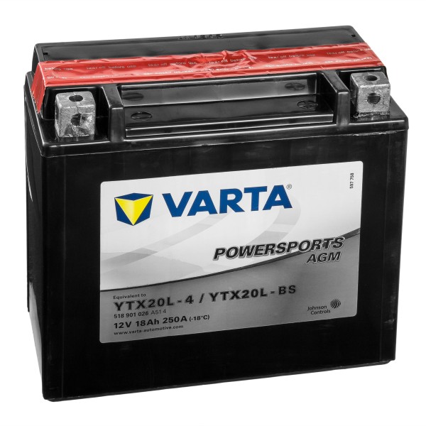 VARTA Powersports AGM Motorradbatterie YTX20L-4 YTX20L-BS 82000 12V 18Ah