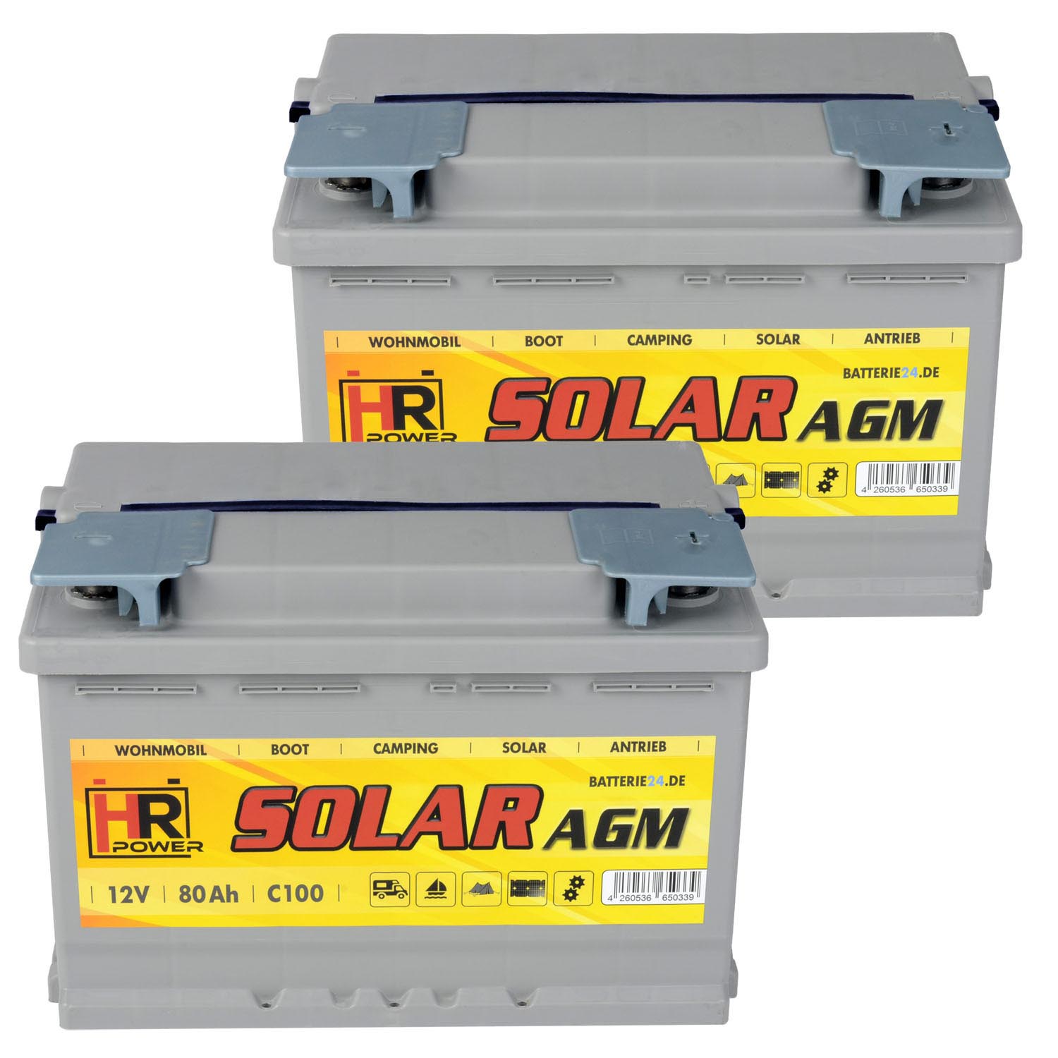 2x HR Solar AGM 12V 80Ah Versorgungsbatterie, AGM Wohnmobilbatterien, AGM  Batterien, Fahrzeugbatterien