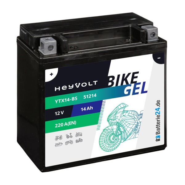 HeyVolt BIKE GEL Motorradbatterie YTX14-BS 51214 12V 14Ah