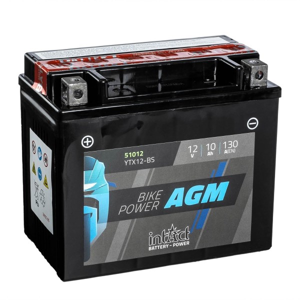 intAct Bike-Power Motorradbatterie AGM YTX12-BS 12V 10Ah 51012
