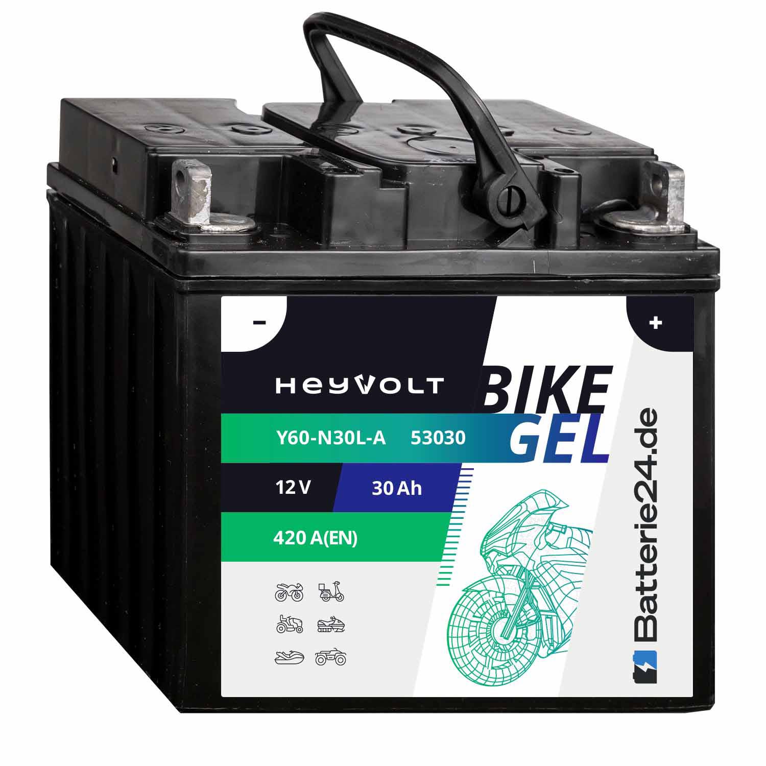 HeyVolt BIKE GEL Motorradbatterie Y60-N30L-A 53030 12V 30Ah