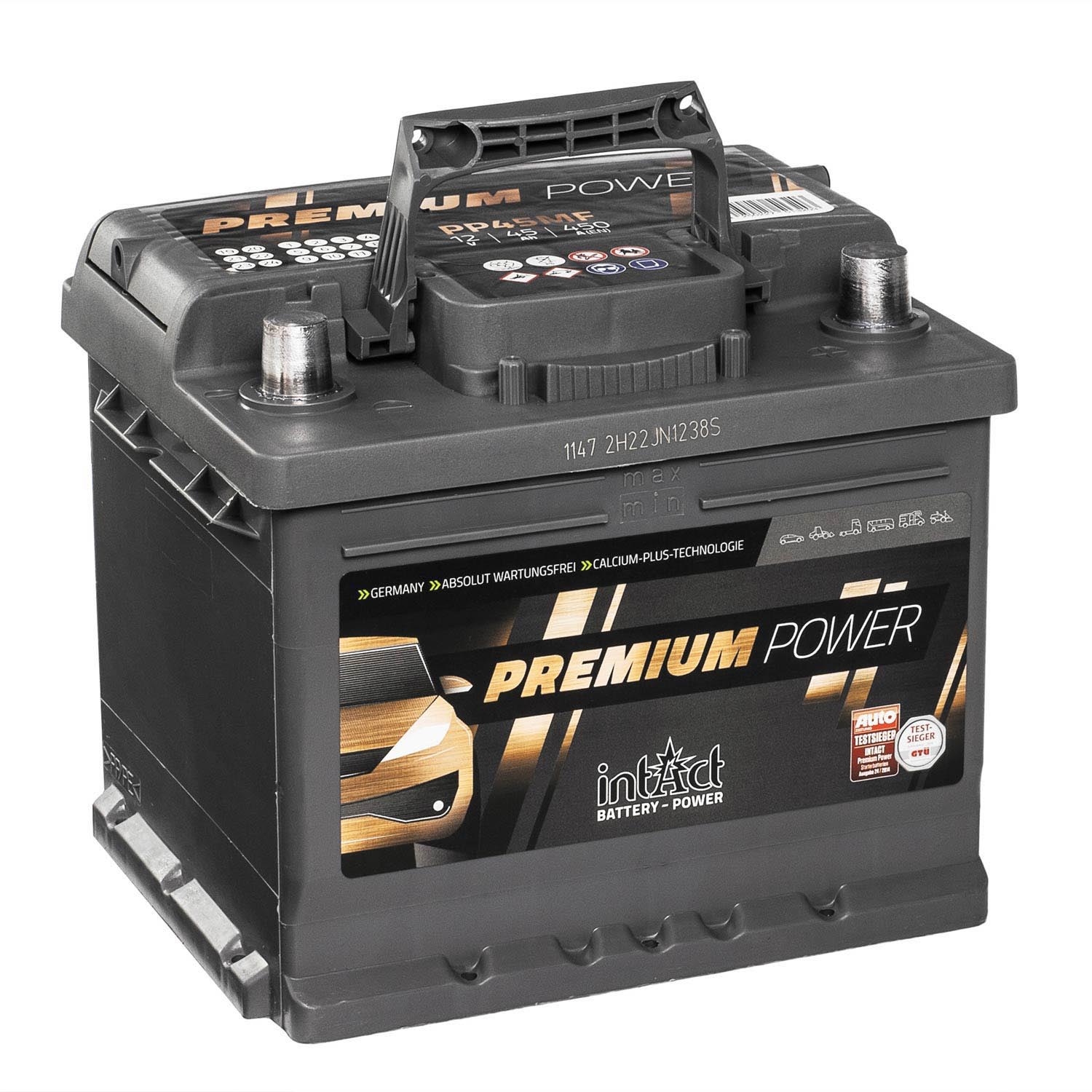intAct Autobatterie 12V 45Ah 450A, 30% mehr Startleistung, wartungsfreie  Premium PKW Starterbatterie PP45MF, Maße: 210x175x175mm,  Blei-Säure-Batterie