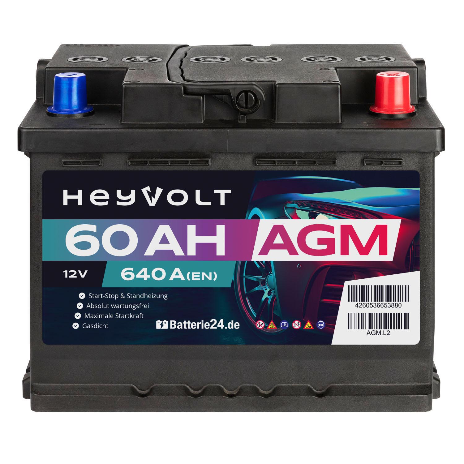 HeyVolt AGM Autobatterie 12V 60Ah